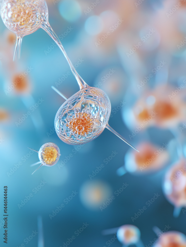Poster microscopic observatory reveals intricate structures of cells in vibrant colors under specific light