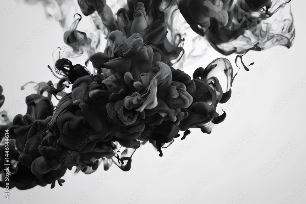 Poster black ink dissolving in water creating abstract shapes, perfect for backgrounds and creative project
