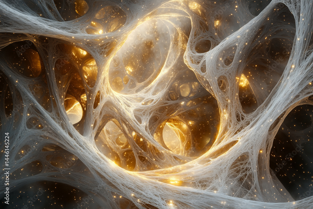 Poster intricate labyrinth of intertwining strands illuminated with golden orbs creating a fantasy world