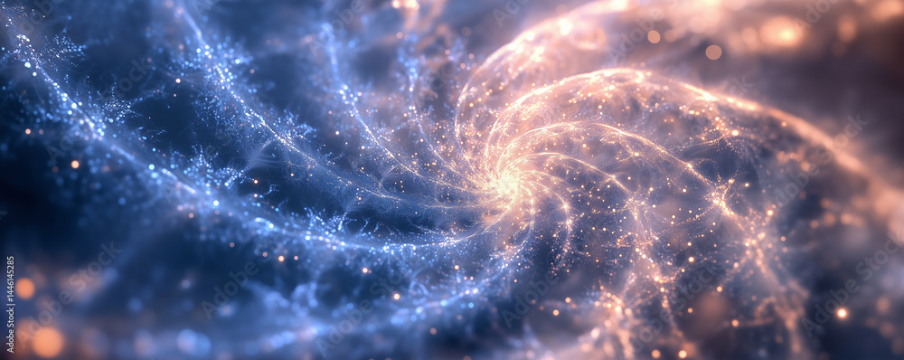 Poster detailed view of a fictional virus design created with swirling lines and luminous particles in a co