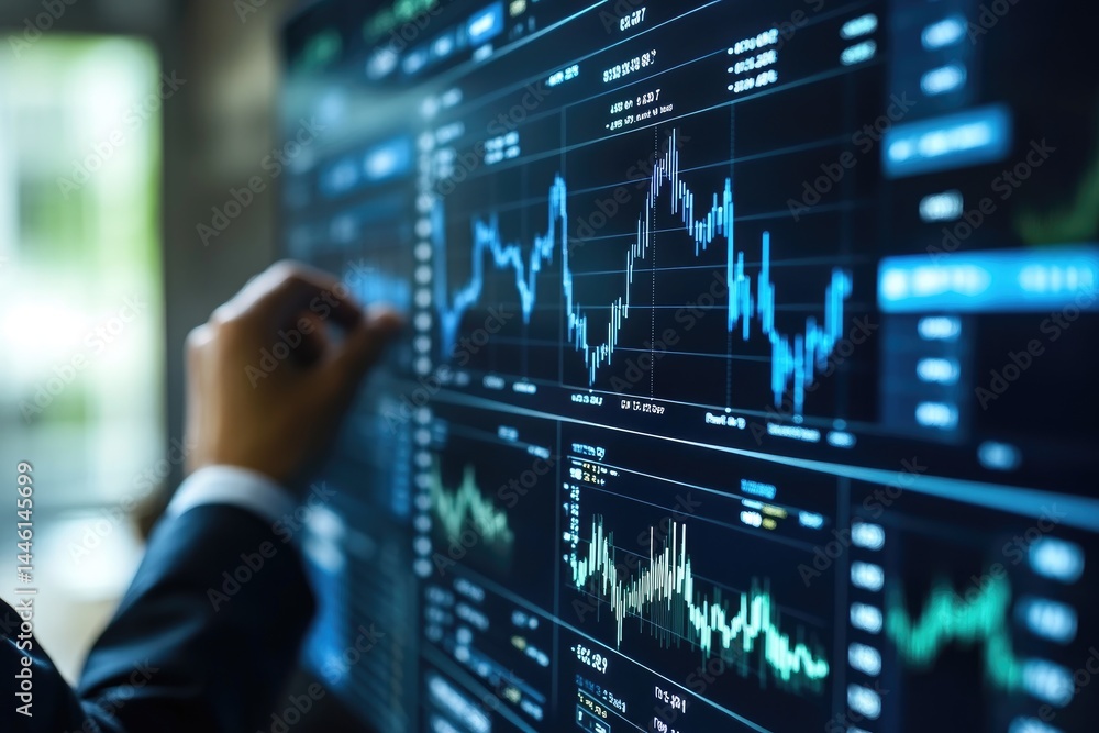 Poster a person analyzing financial data displayed on multiple computer screens