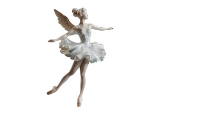 Isolated ballerina figurine in a white tutu and pointe shoes against a  transparent background in graceful pose 