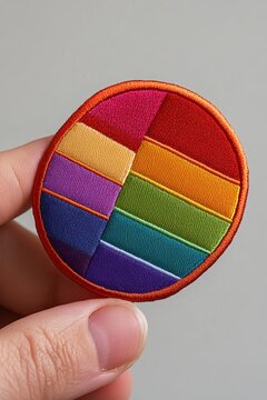 Hand holding a round embroidered patch with a colorful rainbow pie chart design on a plain background