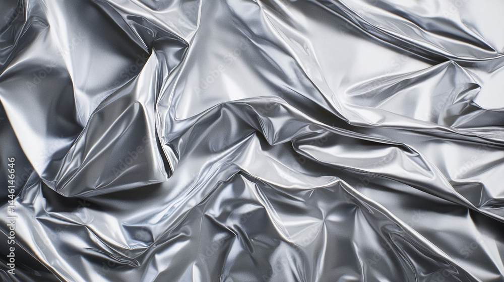Poster silver fabric texture, draped in soft folds creating a luxurious and elegant look, showcasing smooth