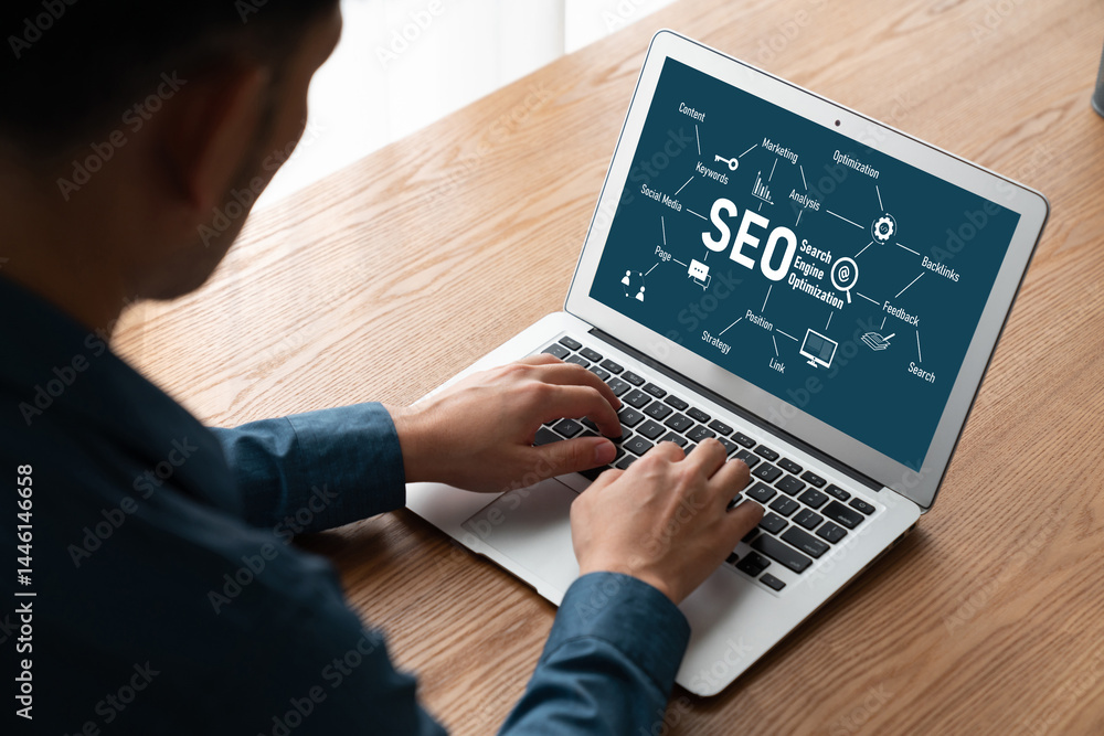 Poster seo search engine optimization for modish e-commerce and online retail business showing on computer 