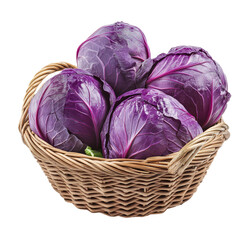 Fresh purple cabbage in a woven basket on a bright transparent background, perfect for cooking and salads, Purple cabbage in basket isolated on transparent background