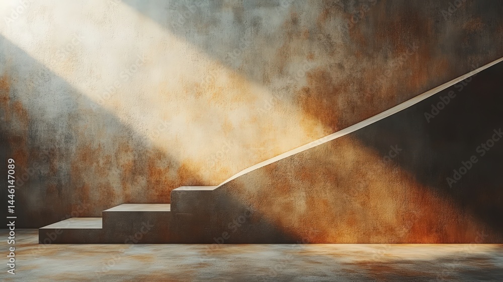 Poster abstract staircase with warm light cascading down textured surface, ascending path