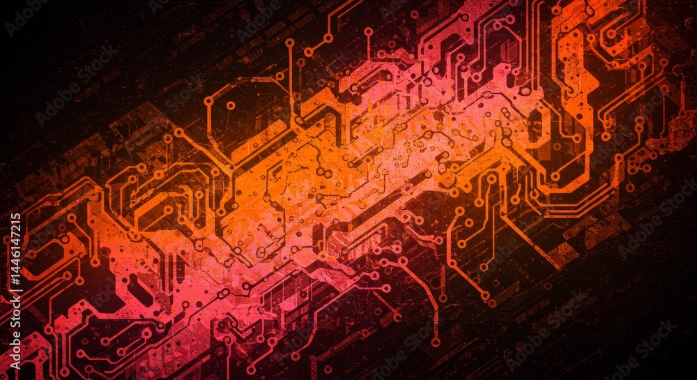 Poster abstract circuit board technology background - glowing red and orange circuit board pattern, abstrac