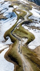 Early Spring Hiking on Mountain Trail with Melting Snow and Bird's Flight Path