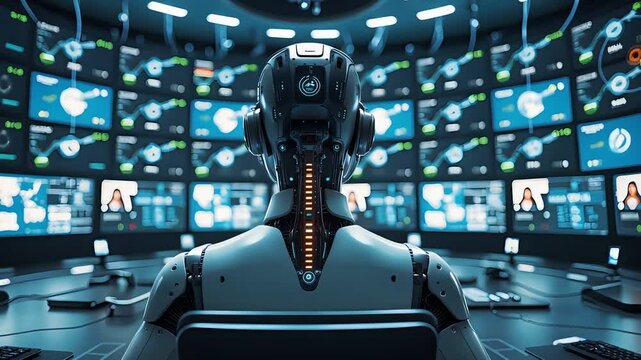 Futuristic humanoid robot monitoring multiple digital screens in a high-tech control room filled with data analytics, charts, and interfaces

