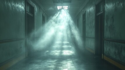 Mysterious hallway illuminated by ethereal light filtering through the ceiling