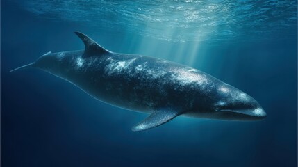 Fototapeta premium Underwater Pygmy Right Whale, Sunlit Depths, Mottled Skin