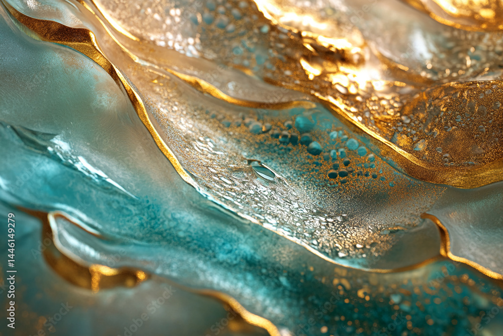 Poster abstract image of teal and gold resin art, showcasing flowing waves and textured surface, representi