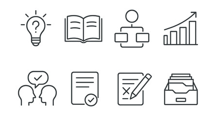 Line style icons of research workflow: hypothesis step, literature icon, method flow, results bar, peer review, publish step, edit correction, data archive.