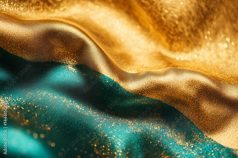 Aufkleber Close-up of teal and gold fabric texture, shimmering with subtle glitter, creating a luxurious and elegant appearance, ideal for background or design element