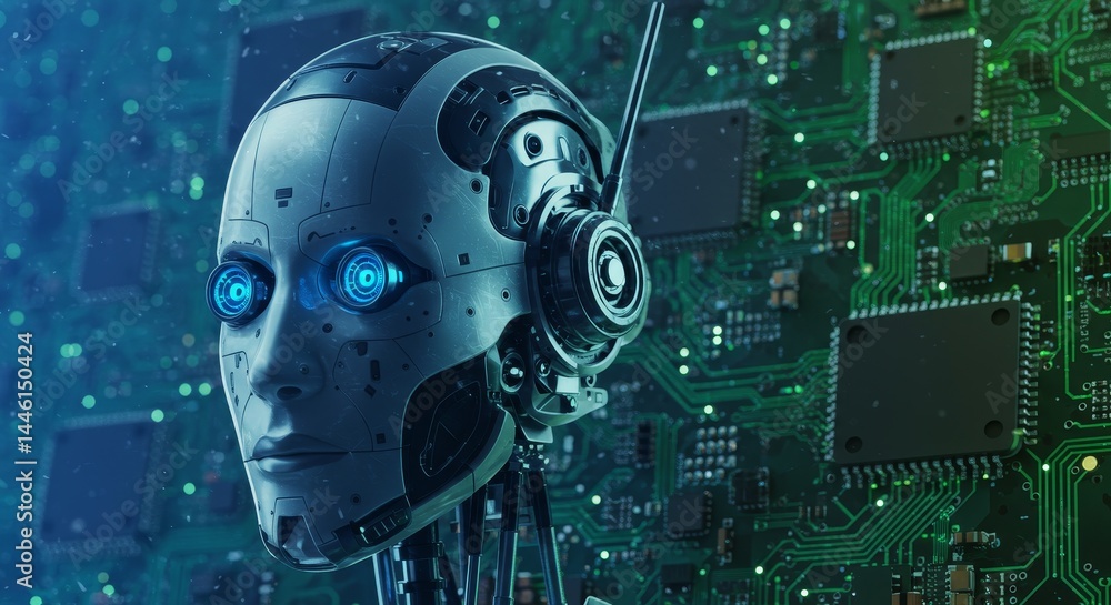 Poster advanced robotic intelligence - close-up of a sophisticated robot head, set against a detailed circu