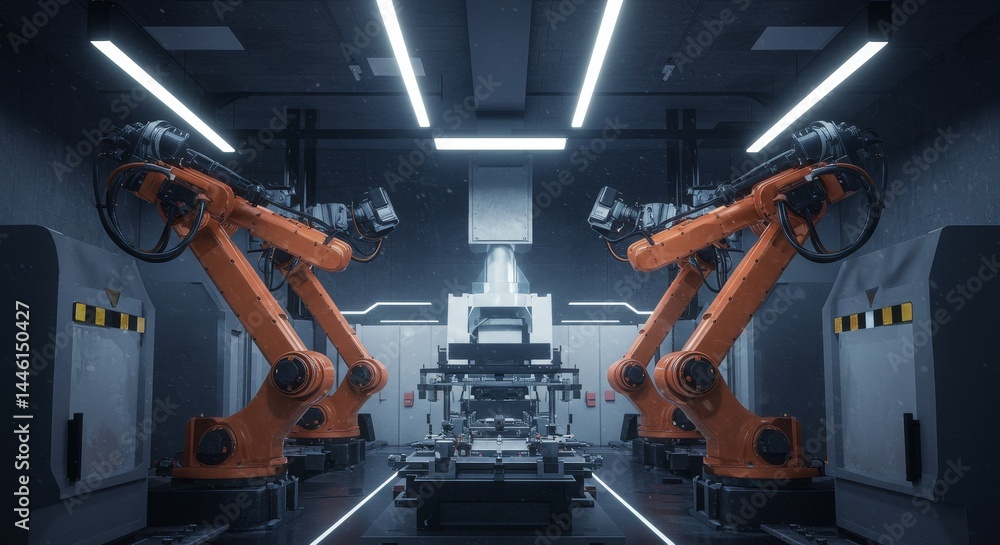 Poster advanced robotic assembly line - two orange robotic arms work in a futuristic factory setting, showc