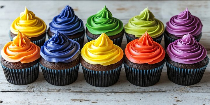 Colorful cupcakes with rainbow-themed frosting arranged on a wooden surface, celebrating pride with vibrant colors