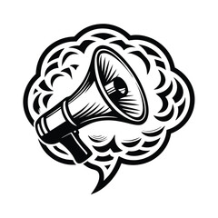 Striking Black and White Megaphone Icon in Ornate Speech Bubble, Bold Design, Contrast