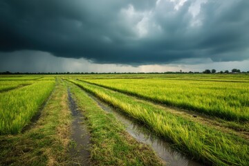 Extreme Weather Over Flooded Rice Fields Highlighting Agricultural Challenges