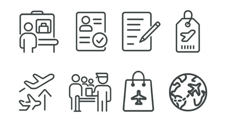 Line style icons of international travel: customs scan, visa check, entry form, baggage tag, gate symbol, passport queue, duty-free icon, global flight map.