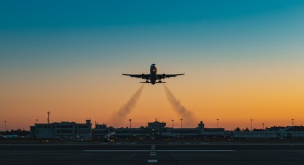 Airplane Taking Off at Sunset - Silhouette of an airplane ascending during a vibrant sunset over an airport. Travel, journey, departure concept