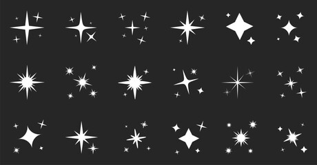 Set of sparkling stars icon. Various stars in white color isolated. Different shine or sparkle. Decorative twinkle and bursts forms, shining flash symbols, glowing light effect. Vector