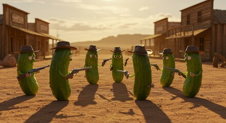 Pickles in cowboy hats western town scene