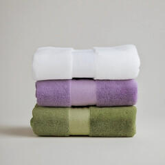 Stack of purple and green towels on white background in studio style