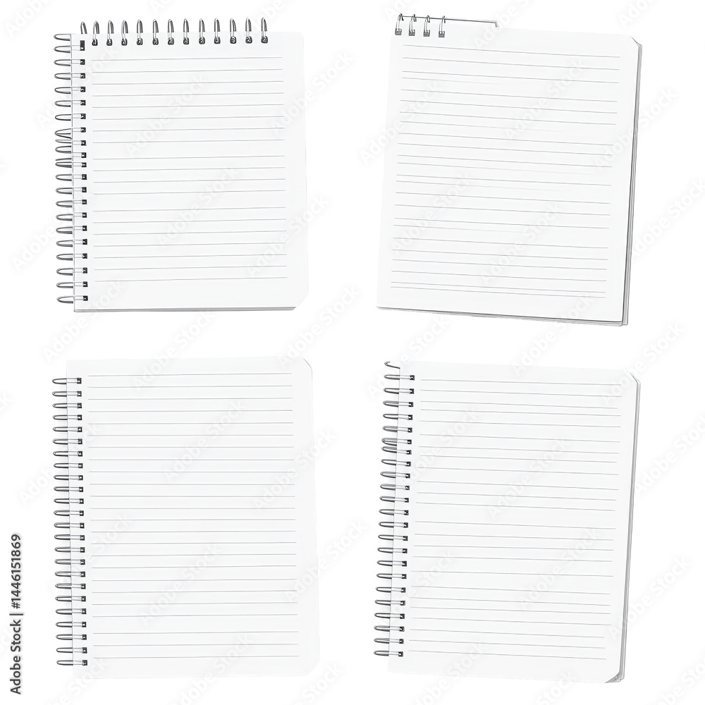 Poster clean, blank lined notebook pages arranged on a transparent background for notetaking or writing act