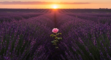 Fototapeta premium Pink rose in lavender field at sunset