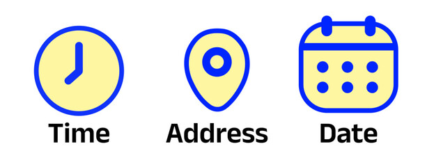 Time, date and address icon set. Calendar, clock, location. Editable stroke. Linear vector outline illustration. Vector illustration.	