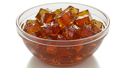 Amber Jelly Cubes in Glass Bowl - Sweet, translucent amber jelly cubes in a glass bowl. Symbolizing deliciousness, refreshment, simplicity, transparency, and pure pleasure