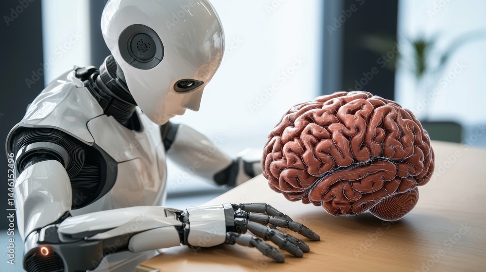 Poster humanoid robot analyzes brain simulation in modern lab futuristic setting scientific study close-up 