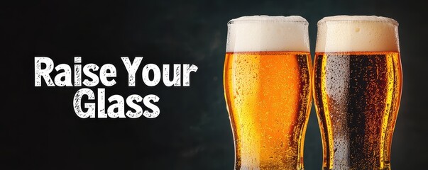 International beer day with foam and celebration idea. Cheers with two glasses of beer and enjoyable text.