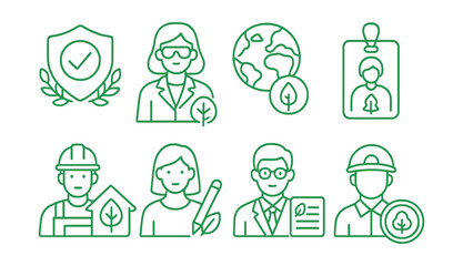 Fototapeta premium Line style icons of green career awareness: sustainability badge, environmental scientist icon, green builder symbol, nature guide tag, eco-designer, policy intern, renewable tech job, conservation