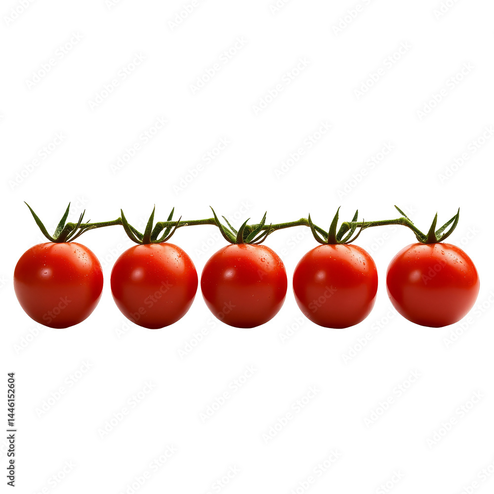 Poster five ripe tomatoes lined up with their green stems, showcasing fresh produce on a clean transparent 
