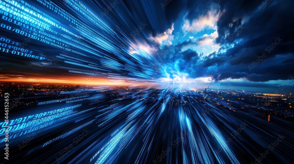 Poster dynamic flow of binary code coalescing into vivid imagery over urban landscapes at dusk