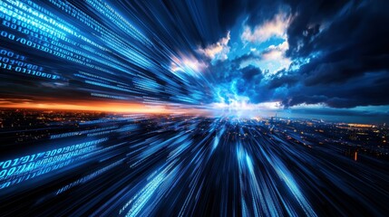 Dynamic flow of binary code coalescing into vivid imagery over urban landscapes at dusk