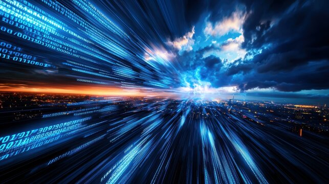 Dynamic flow of binary code coalescing into vivid imagery over urban landscapes at dusk