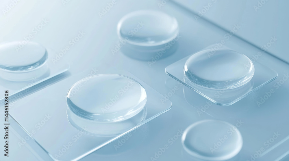 Poster crystalline water droplets resting on transparent glass surfaces. creating geometric patterns agains
