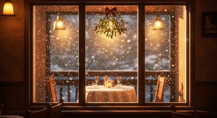 Snowy winter window view from cozy interior