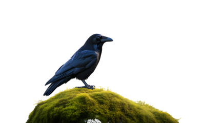A black bird perched on a mossy rock showcasing its sleek feathers and sharp beak against a da