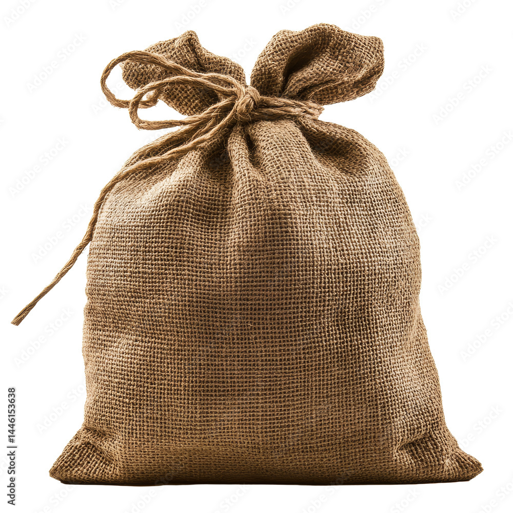 Poster a rustic burlap sack tied with twine isolated on a clean transparent background showcasing its textu