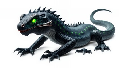 Fototapeta premium Black Scaled Fantasy Beast with Green Eyes Isolated on White Background Flat Graphic Illustration for Fantasy Tales and Mythical Creature Designs
