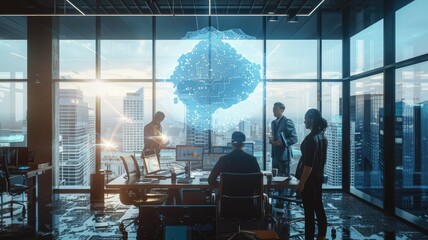 A group of architects in a modern office with an AI assistant as luminous data streams, projecting holographic building models. Cityscape view in background. AIG60