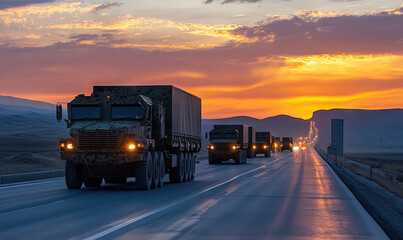 Convoy of military transport trucks at dusk crossing the highway for National Defense Transportation Day