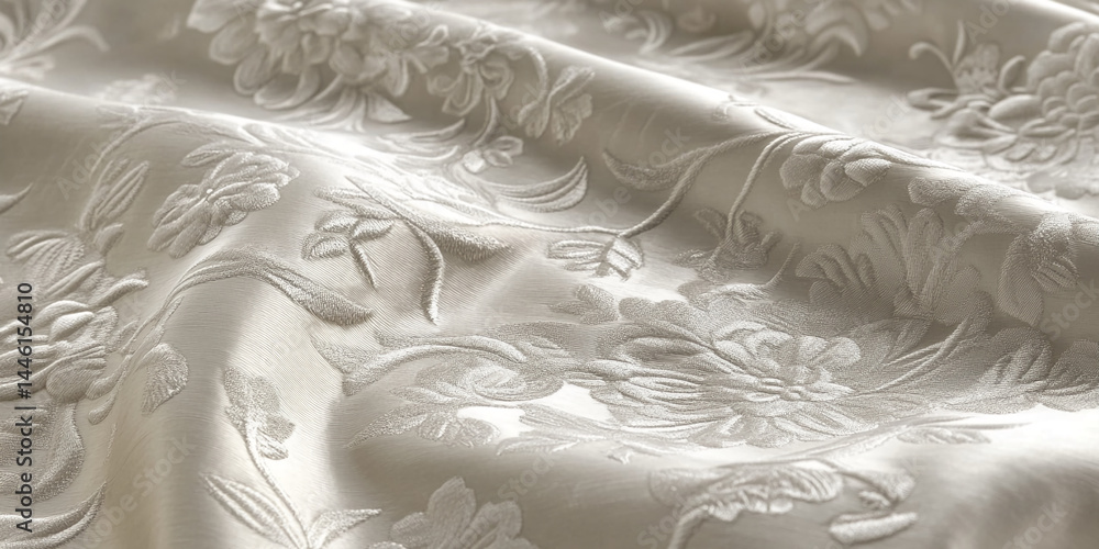Poster Close-up of beige fabric with embossed floral pattern, showing soft texture and elegant drape, ideal for luxury or textile design concepts