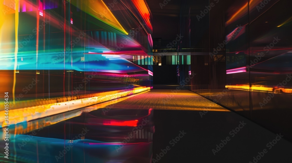 Poster abstract colorful light streaks on a dark background. digital artwork of glass prism with vibrant co