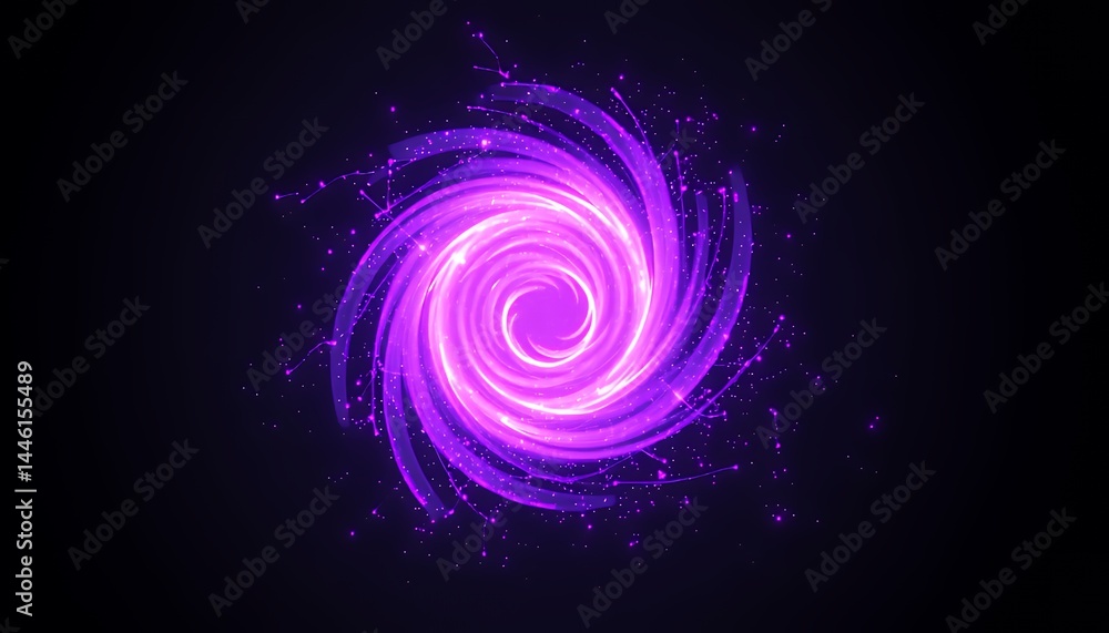 Poster abstract pixelated purple light vortex on black background with glowing swirls of energy and a dynam